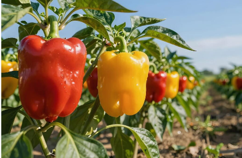 Red and yellow bell peppers growing on a commercial vegetable farm